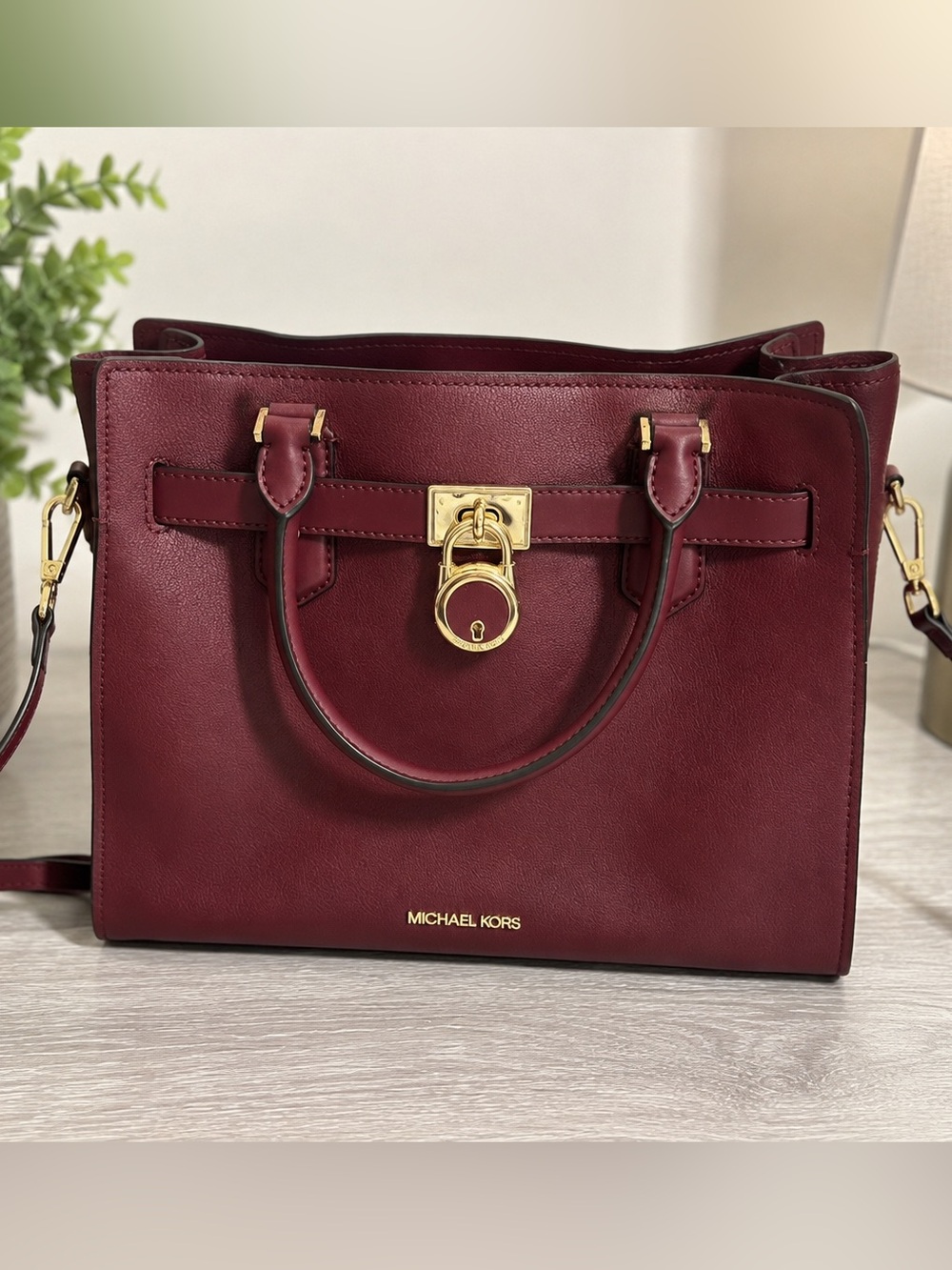 Michael Kors Hamilton Saffiano Leather Satchel Burgundy Gold Lock
